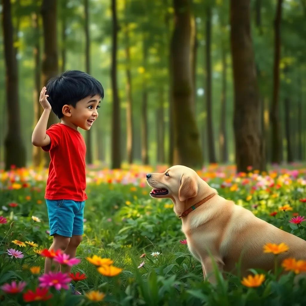 A young Arab boy, Jamal, with short black hair, wearing a bright red t-shirt and blue shorts, excitedly calling to his golden dog, Firouz, in a lush green forest filled with tall trees and colorful flowers, digital art, cheerful atmosphere, vibrant colors, high quality