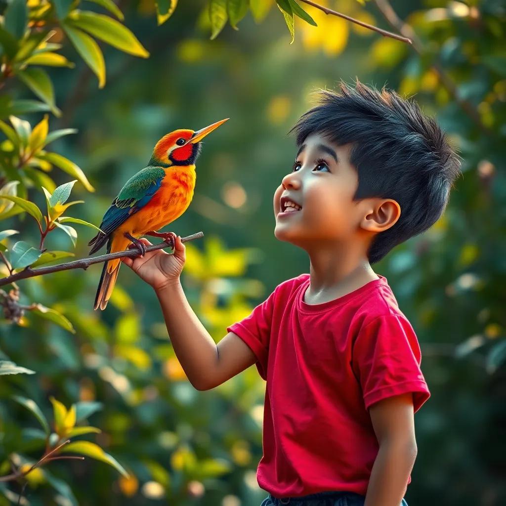 Jamal, a young Arab boy with short black hair in a red t-shirt and blue shorts, looking up at a colorful bird perched on a branch, singing beautifully among the greenery, joyful expressions, warm light, enchanting scene, storytelling view, fantasy