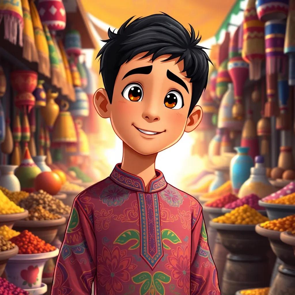 A young Arabic boy, Sami, with short black hair, wearing a colorful traditional shirt, standing near a vibrant market filled with spices and textiles, illustration, cheerful, warm light, rich colors, engaging perspective, high quality