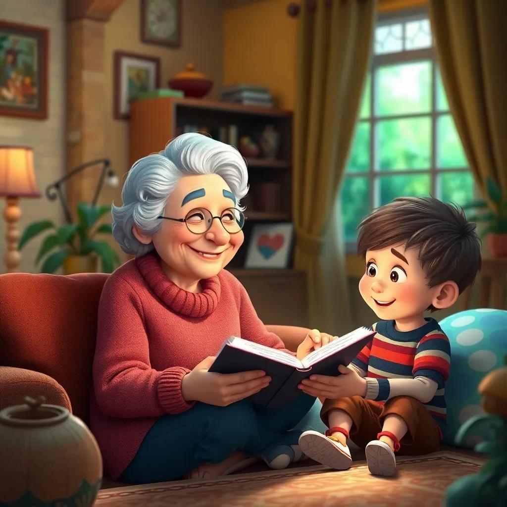 A kind grandmother smiling gently, sitting in a cozy living room filled with warmth and love, telling a story to her curious grandson, bright and inviting atmosphere, detailed, colorful, child-friendly