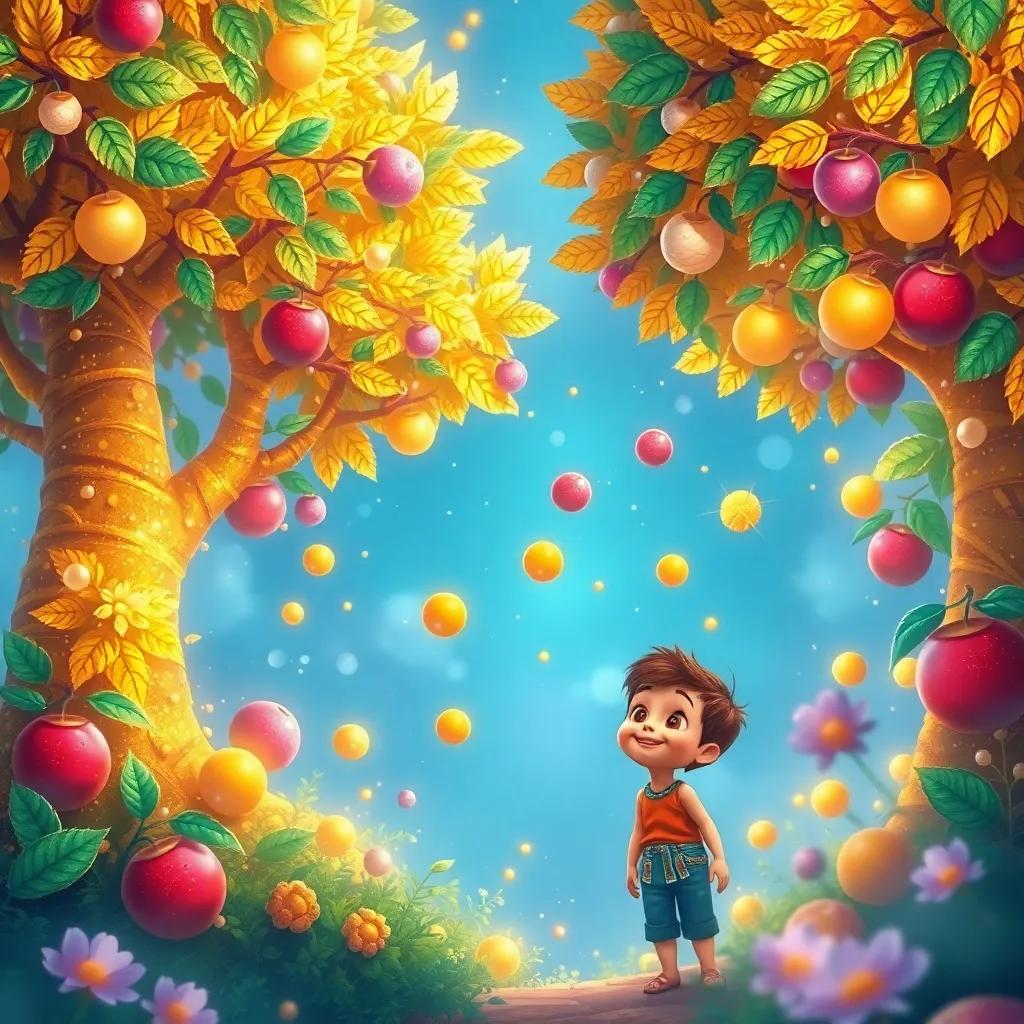 A beautiful heavenly garden, with trees made of gold and leaves of emerald and pearls, featuring fruits that float towards a cheerful young boy, vivid colors, magical vibes, whimsical art style