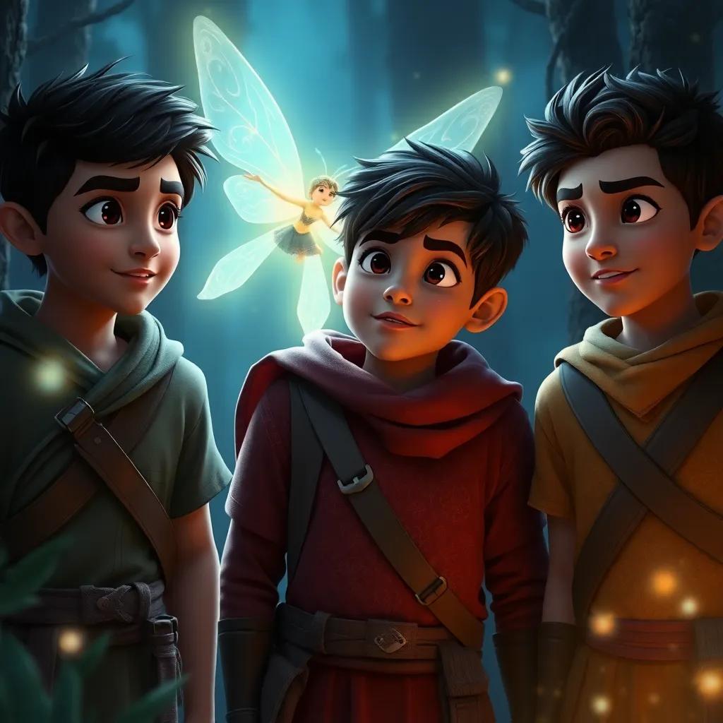 Three brave young men, Sami, Ali, and Fares, encountering a beautiful fairy named Nora glowing in the dark forest, determination in their eyes, with magical elements around them, ethereal light, adventurous, child-friendly vibe, fantasy style