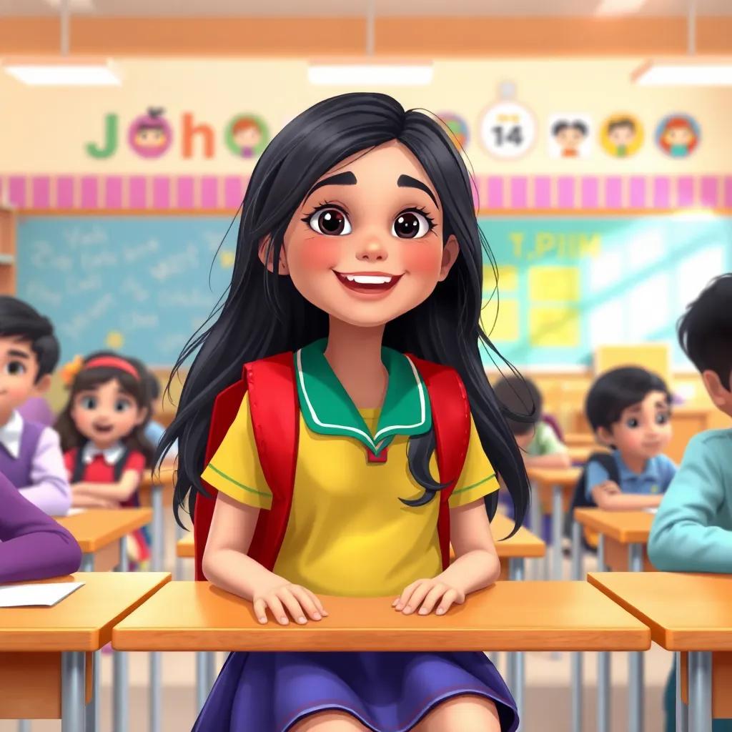 A young Arab girl, Joud, with long black hair, wearing a colorful school uniform and a bright red backpack, smiling and excited, sitting at her classroom desk with friends around her, bright and cheerful classroom with colorful decorations, illustration, vibrant colors, joyful atmosphere, engaging view, high quality