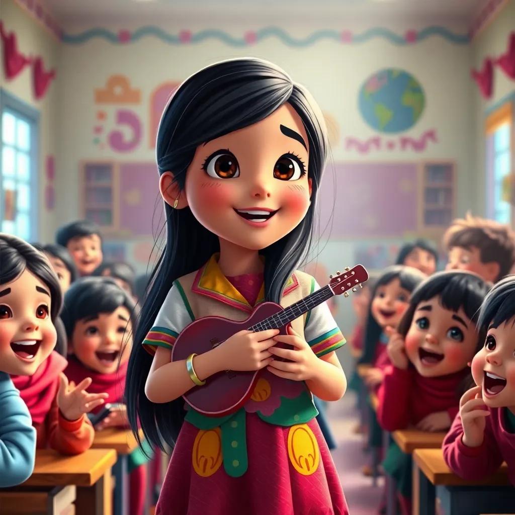 A young Arab girl, Joud, with long black hair, wearing a colorful school uniform, holding a small musical instrument and surrounded by her classmates, all singing and laughing together, classroom filled with light and happiness, digital art, vivid colors, festive and fun, celebration imagery, high quality