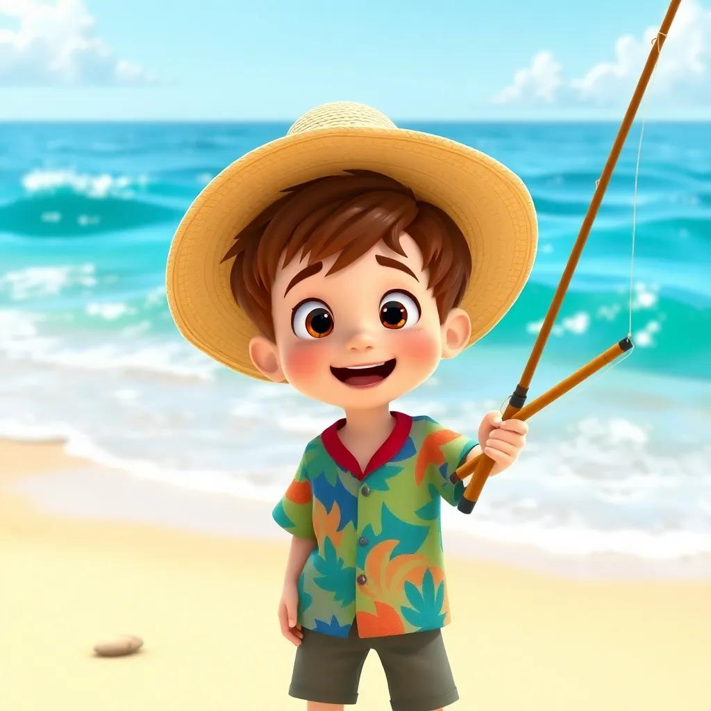 A young boy, George, with short brown hair, wearing a large sun hat and a colorful shirt, standing on a sandy beach by the sea, looking excited, holding a fishing rod, vibrant waves in the background, bright and cheerful atmosphere, cartoon style, child-friendly