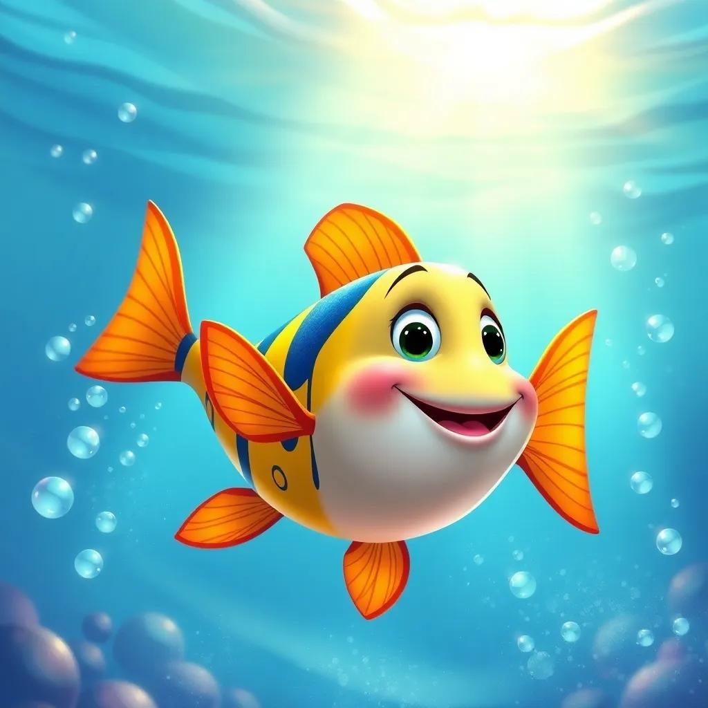 A colorful fish swimming in the water, sparkling under the sunlight, looking up at George, surrounded by bubbles and waves, illustration, fun and lively, welcoming, child-friendly