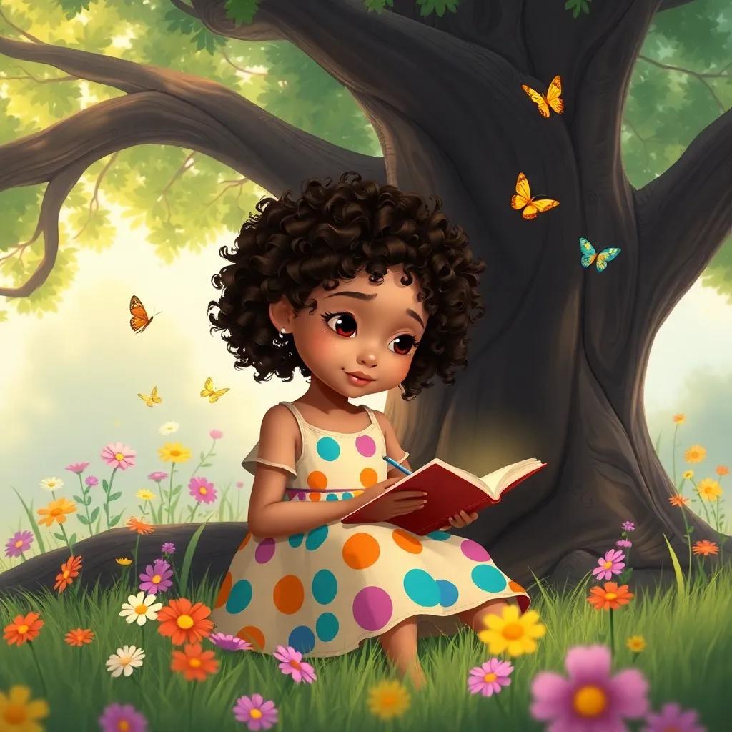 Jouri, a dreamy young girl with curly hair in a colorful dress, writing in her notebook under a big tree, with colorful flowers around her and butterflies flying, illustration, serene and inspiring, child-friendly, soft light, high quality