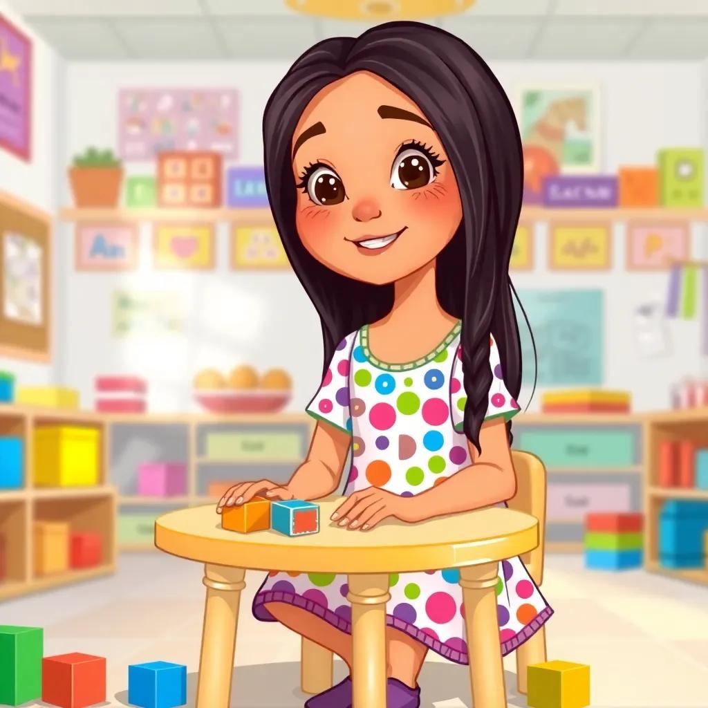 A young Arab girl, Juri, with long, dark hair, wearing a colorful dress, sitting at a small table in a bright classroom with colorful blocks around, digital art, vibrant colors, joyful atmosphere, high quality