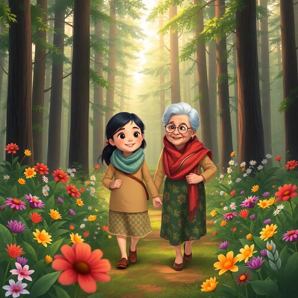 Mariam and her grandmother walking through a dense forest with tall trees and colorful flowers surrounding them, joyful expressions, detailed illustration, nature-themed, warm light