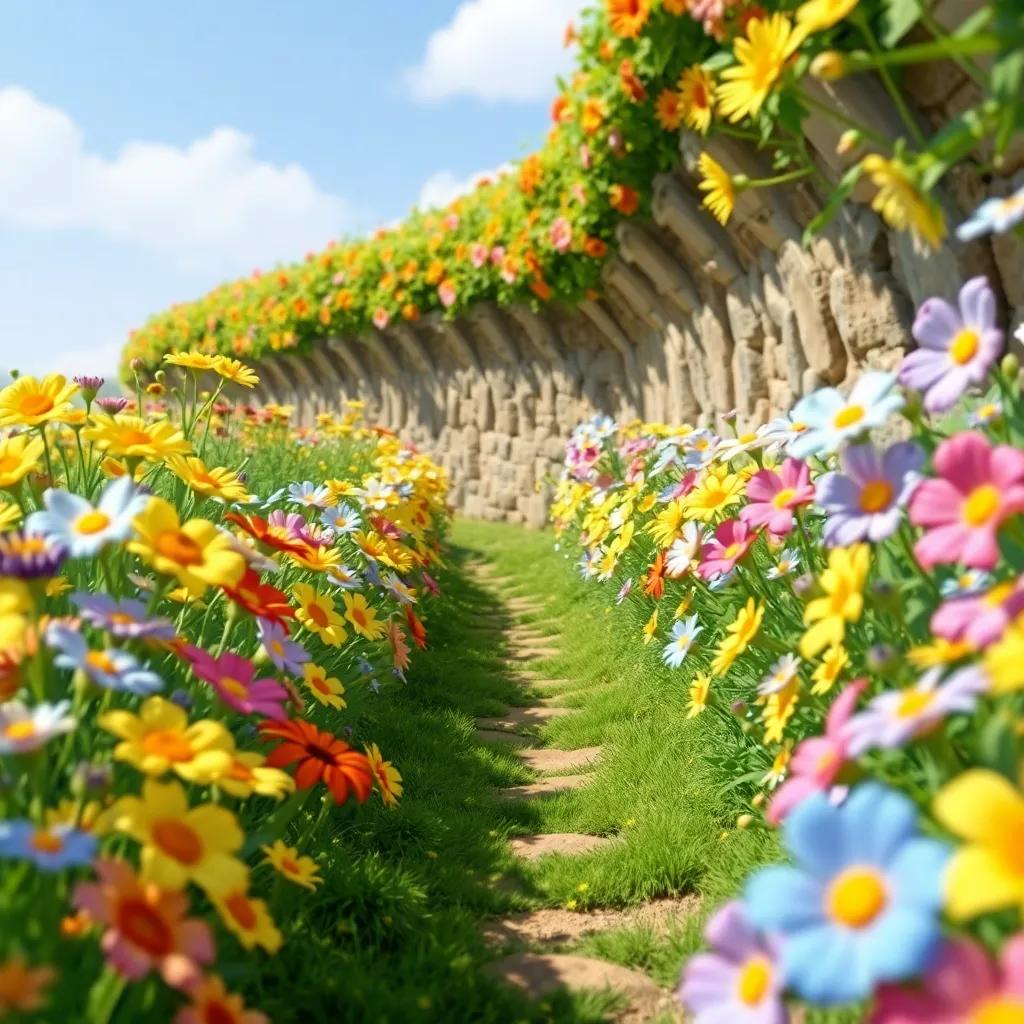 A narrow path surrounded by blooming flowers with Mariam smiling, saying: 'Look, the flowers seem to be laughing!', cheerful, magical scene, bright colors, enchanting perspective
