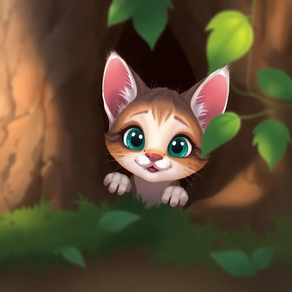 A small cat named Sasa appearing from behind a tree, looking friendly and curious, with sparkling eyes, digital painting, whimsical atmosphere, inviting, child-friendly