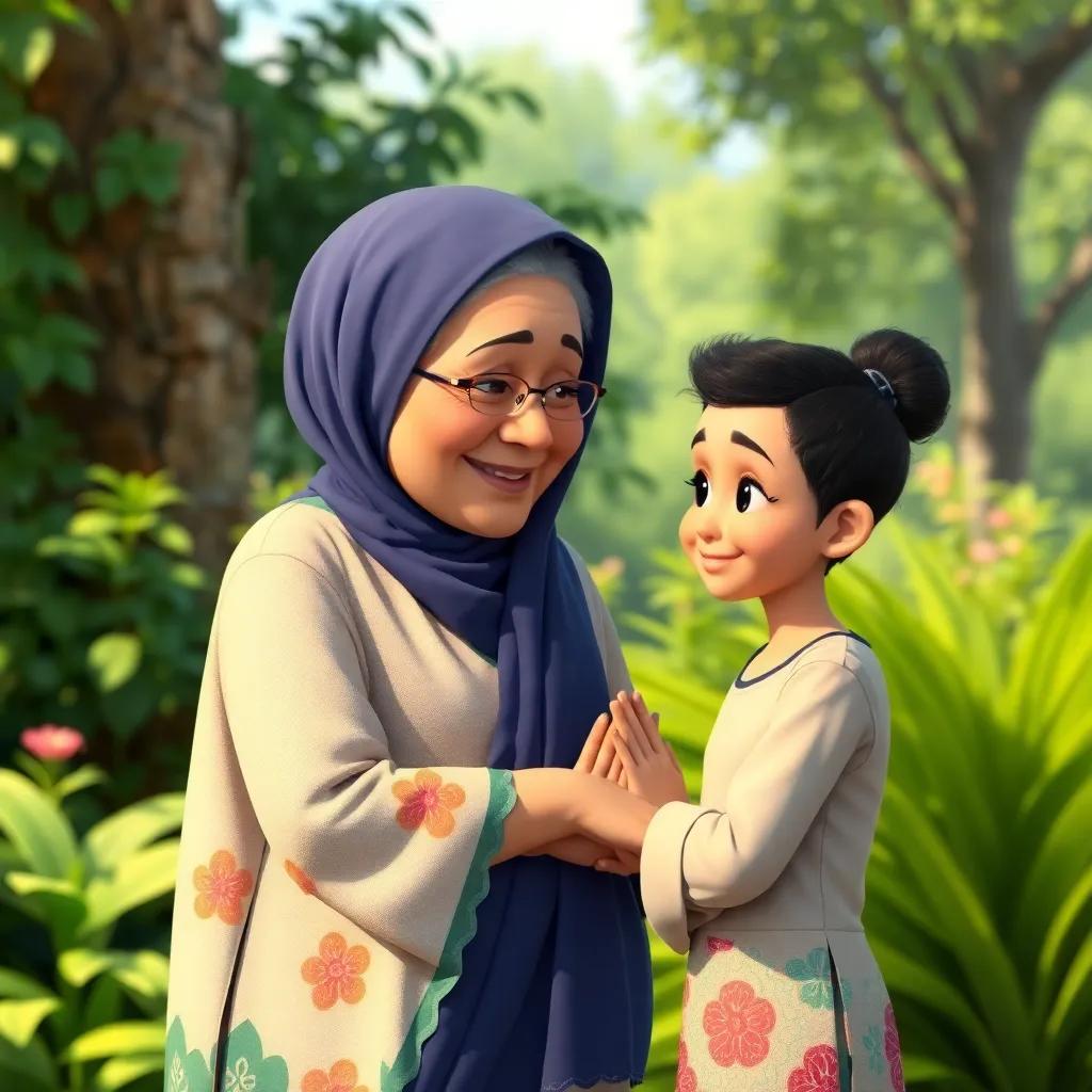 Mariam's grandmother greeting Sasa, with a warm smile and a gentle demeanor, standing beside lush greenery, heartwarming scene, bright colors, detailed focus