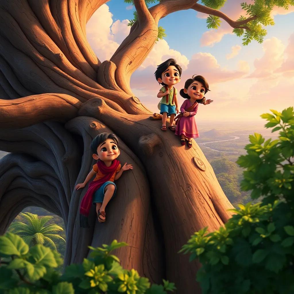The trio climbing a giant tree, with Mariam and Sasa at the top looking at the vast view, smiles on their faces, lively and adventurous, colorful sky, high quality