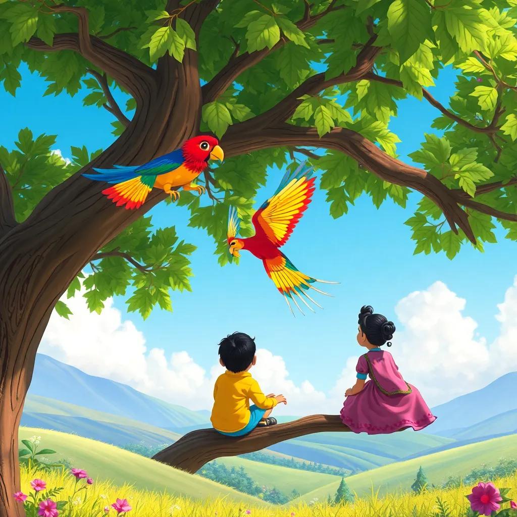 A colorful bird flying nearby while Mariam and Sasa enjoy the view from the tree, magical feeling, bright colors, beautiful landscape, whimsical