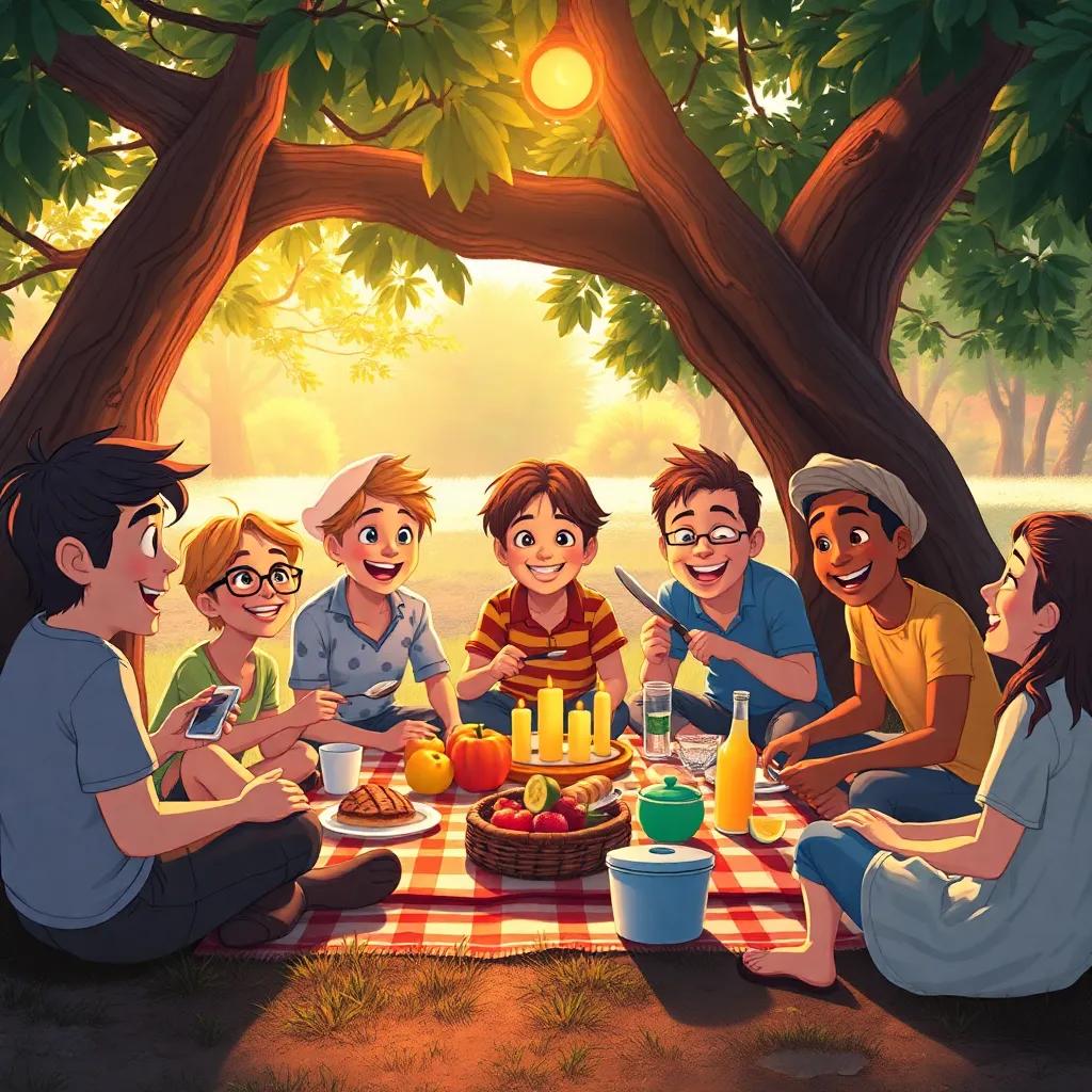 The group sitting under the tree preparing for lunch, with a picnic spread and joyful expressions, warm light, inviting atmosphere, detailed scene