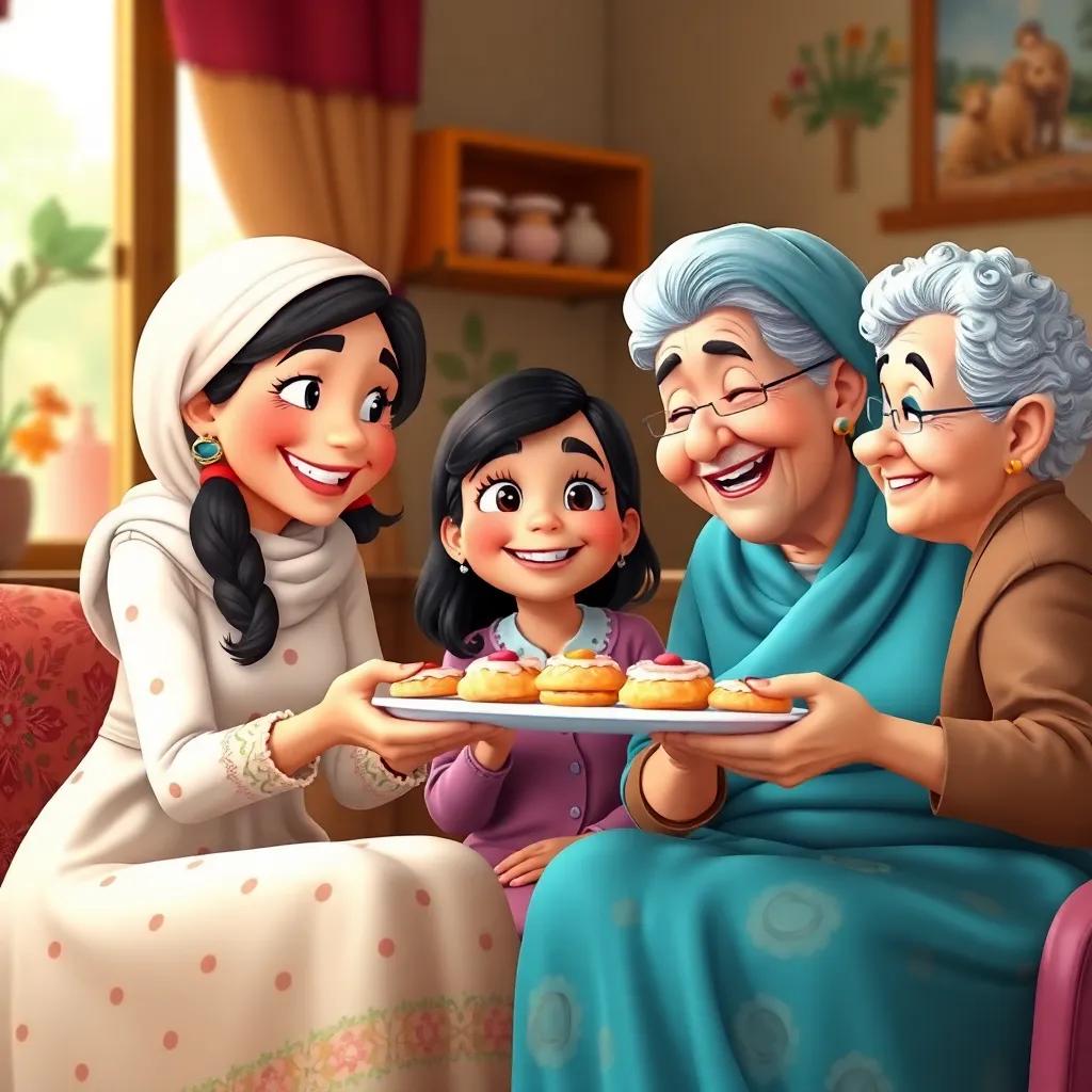 Mariam sharing delicious pastries with Sasa and her grandmother, all smiling with happiness, cozy setting, vibrant colors, delightful imagery