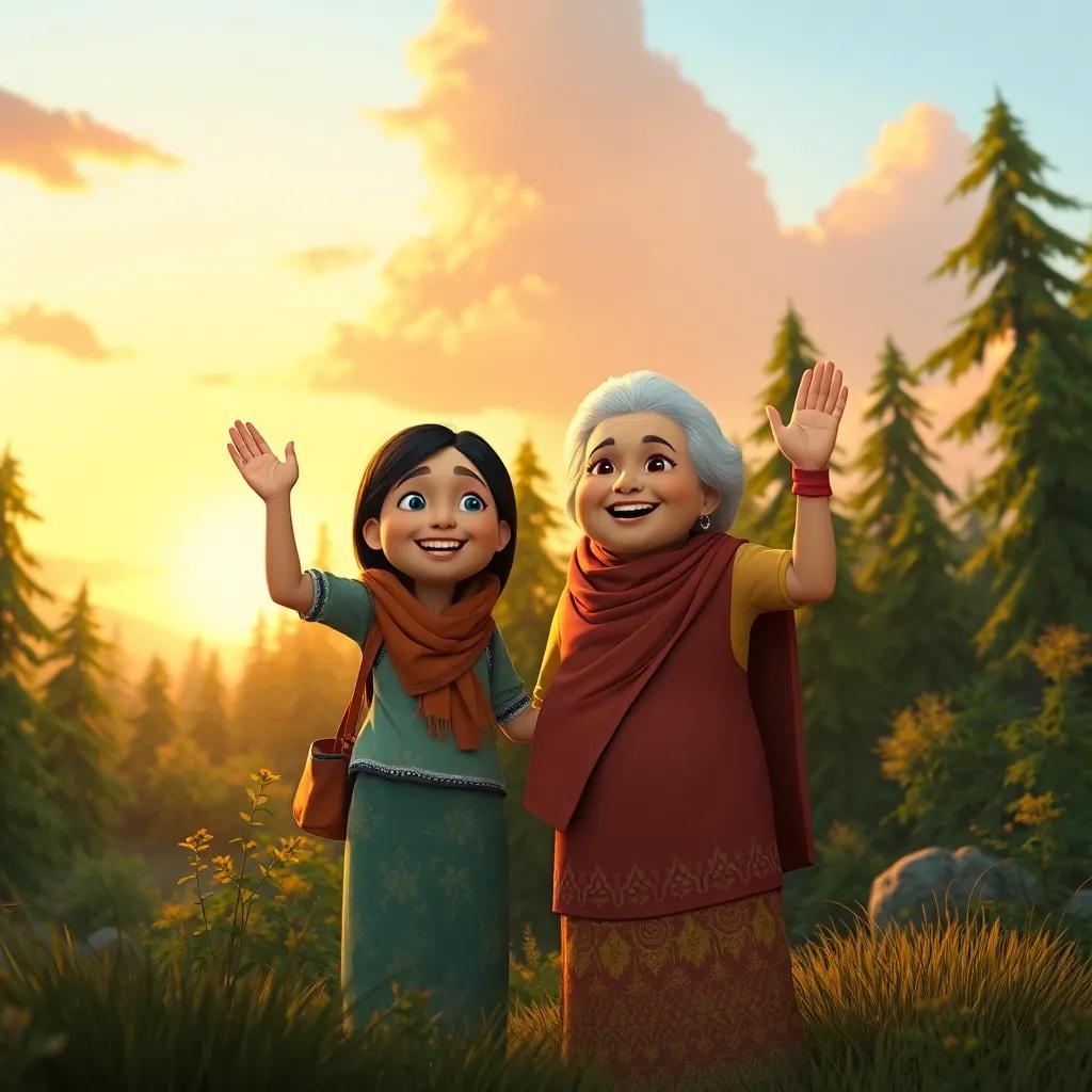 Mariam and her grandmother waving goodbye to the forest, with Mariam saying she won't forget the adventure, smiles all around, warm sunset colors, heartwarming