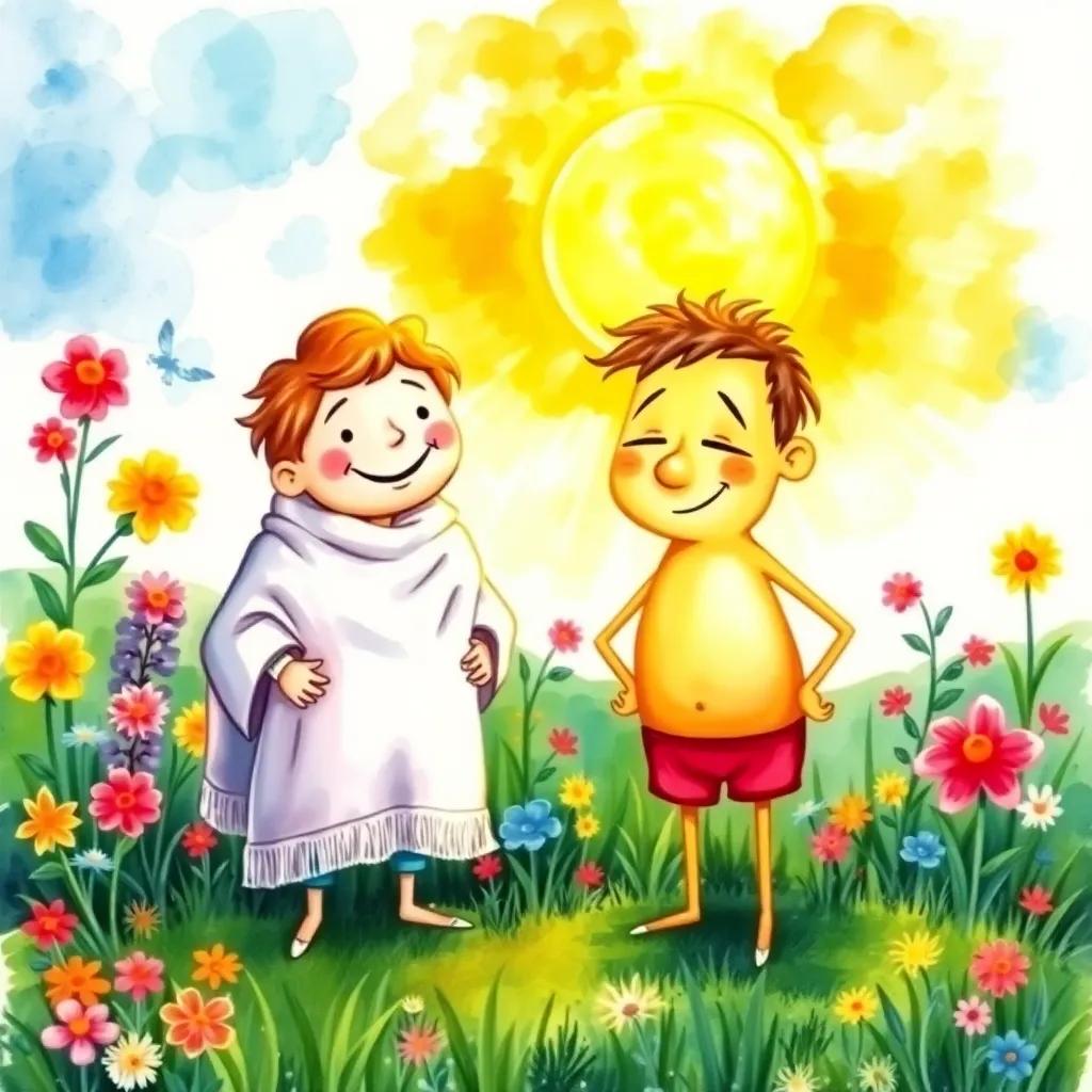 A sunny morning with a bright sun, two characters: Truth with a white blanket and a warm smile standing next to Lie who is cheeky and mischievous, vibrant nature around them, colorful flowers and green grass, watercolor illustration, cheerful atmosphere, child-friendly