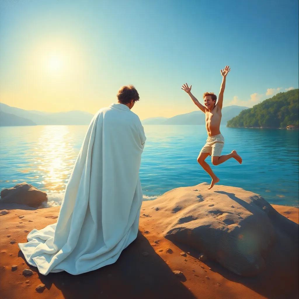 Truth with a white blanket looking at the lake, Lie jumping in joy without any clothing, the lake sparkling in the sunlight, cheerful, friendly colors reflecting happiness and surprise, high quality