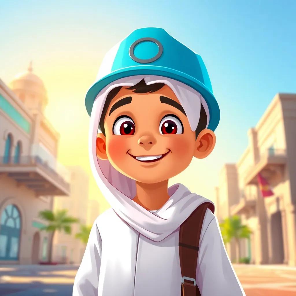 A young Qatari boy, Hamad, wearing a traditional Qatari thobe and engineering hat, excitedly preparing for a tour around buildings, warm sunlight, cheerful atmosphere, vibrant colors, detailed illustration, high quality