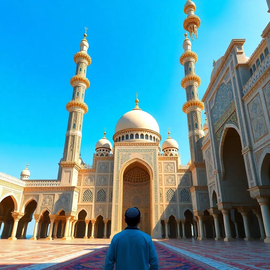 A magnificent mosque, Imam Muhammad ibn Abd al-Wahhab Mosque, with stunning Islamic architecture, Hamad admiring the intricate designs around him, clear blue sky, bright light, vibrant colors, digital art, detailed and realistic