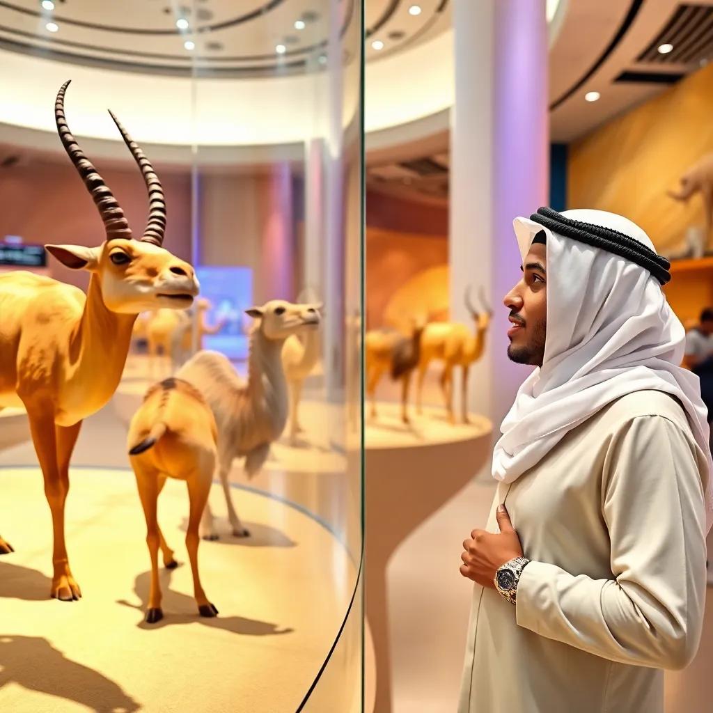 Qatar National Museum, with Hamad looking at desert animal models, including oryx and camel, fascinated expressions, bright materials and exhibits, interactive learning environment, colorful and educational, high quality