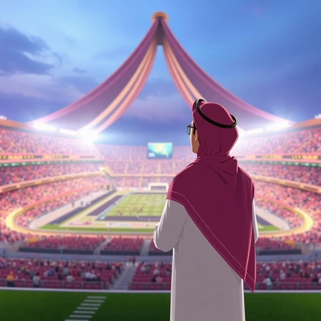Al Bayt Stadium in Al Khor, designed like a traditional Qatari tent, Hamad gazing excitedly at the stadium filled with fans, energetic atmosphere, bright colors, engaging perspective, beautiful illustration