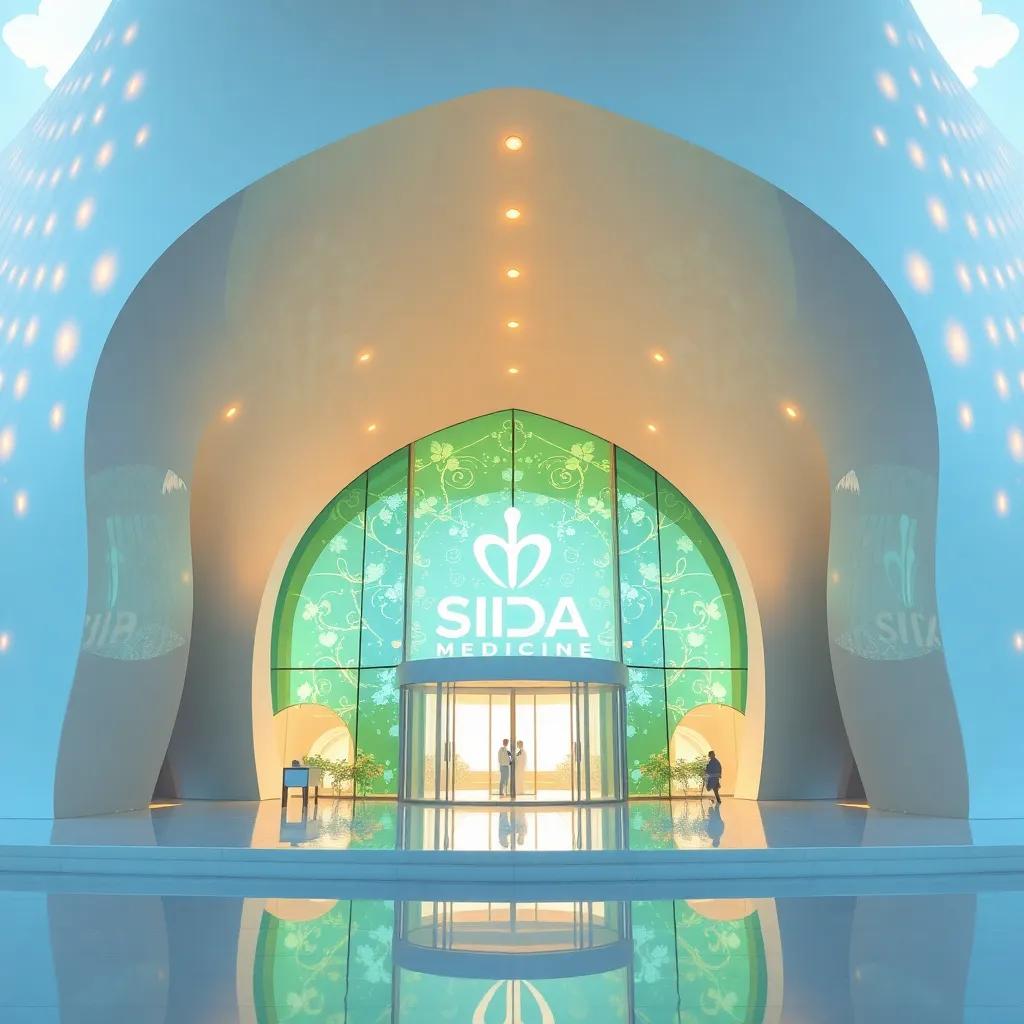 Sidra Medicine building, with Hamad amazed by the modern architectural design symbolizing hope and healing, bright and open spaces, sleek and shiny, child-friendly, vibrant colors, high quality