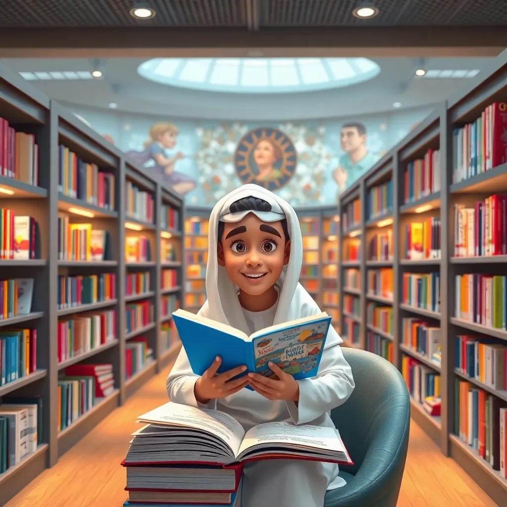 Qatar National Library, with Hamad reading interesting books, exploring different sections, surrounded by shelves filled with colorful books and a cozy reading spot, warm lighting, engaging and inviting atmosphere, high quality