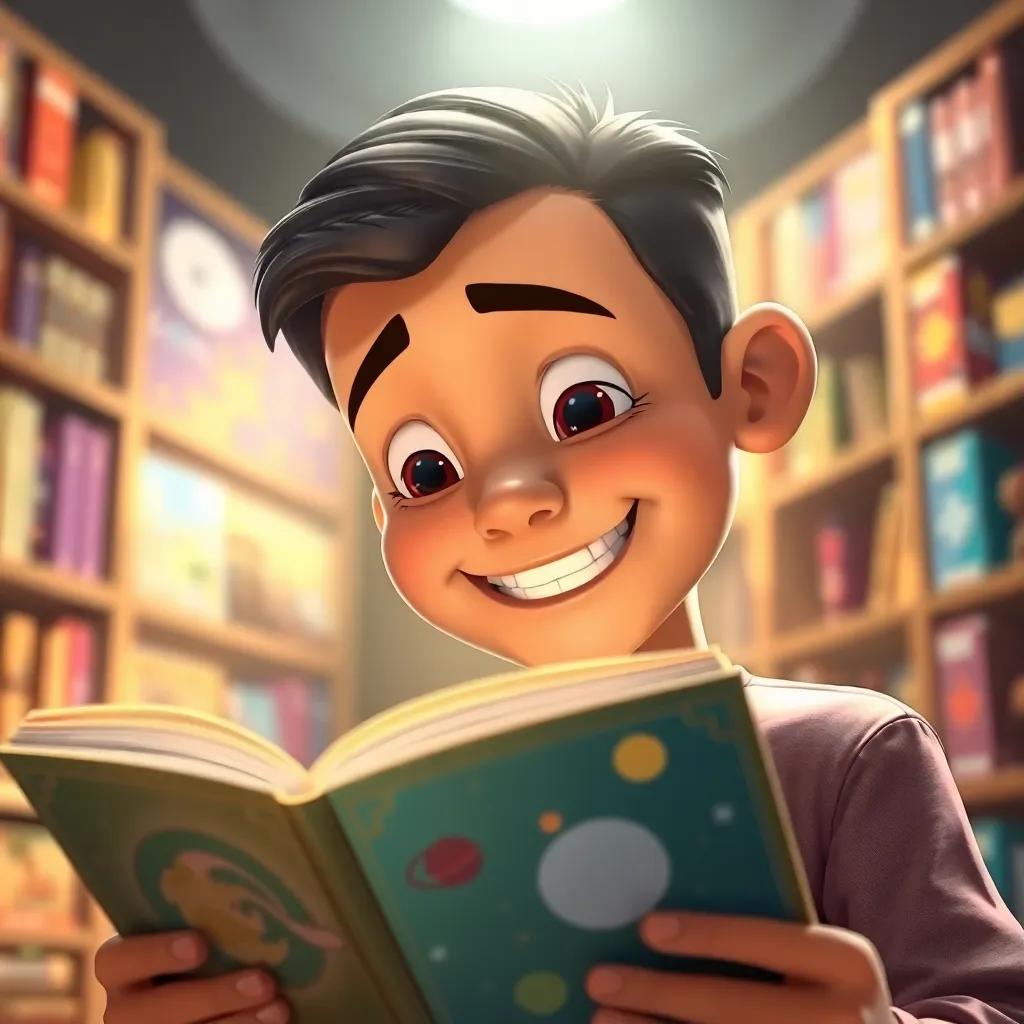 A close-up of Hamad smiling while looking at a special book about space, bright light shining on him, a library backdrop with colorful books and illustrations, inspiring atmosphere, high quality