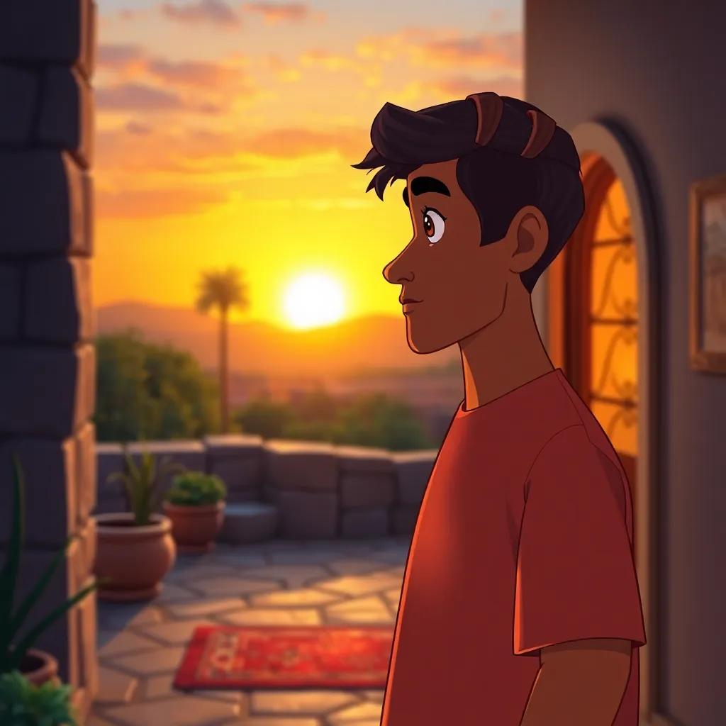 Hamad reflecting on the journey home, looking thoughtful, beautiful sunset in the background, cozy home entrance with welcoming ambiance, vibrant colors, high quality