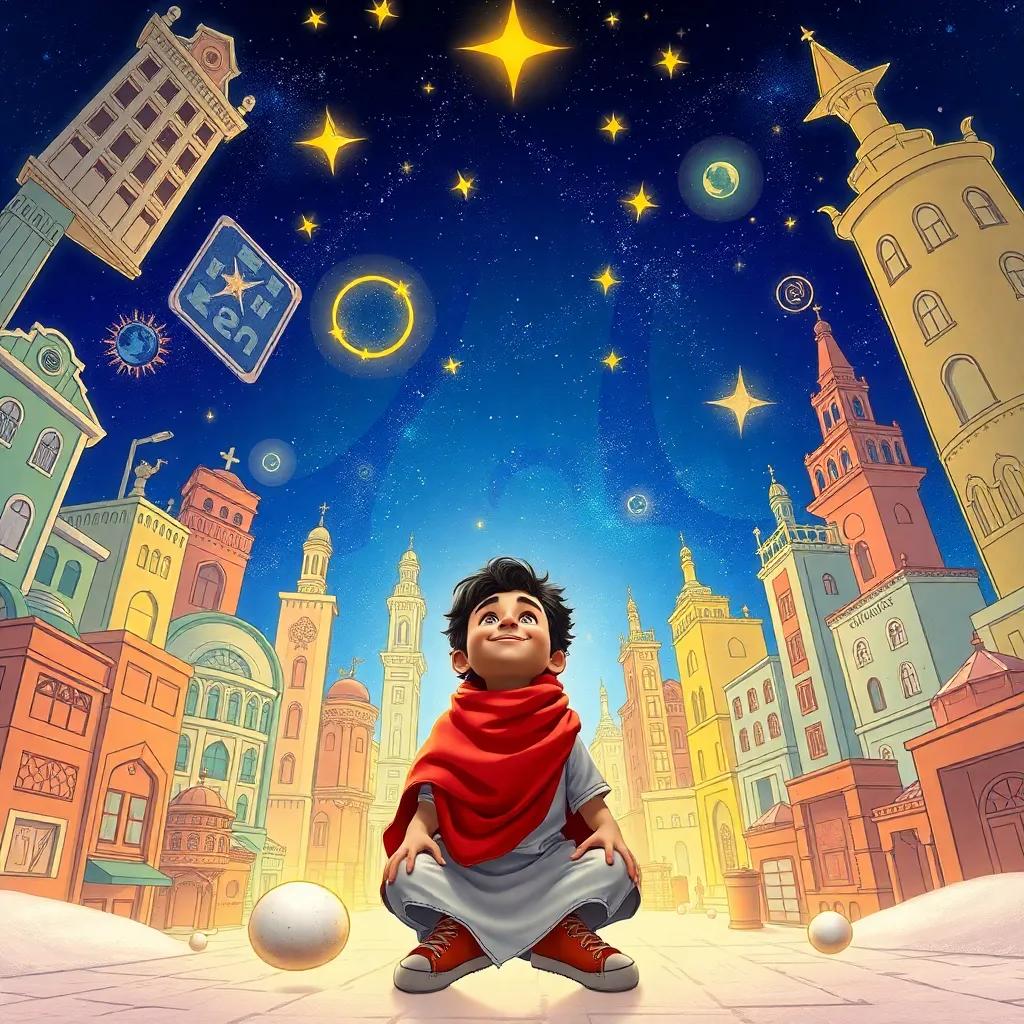 An imaginative scene of Hamad in his dreams, surrounded by sketches and designs of buildings, stars shining above, whimsical and creative atmosphere, colorful, high quality