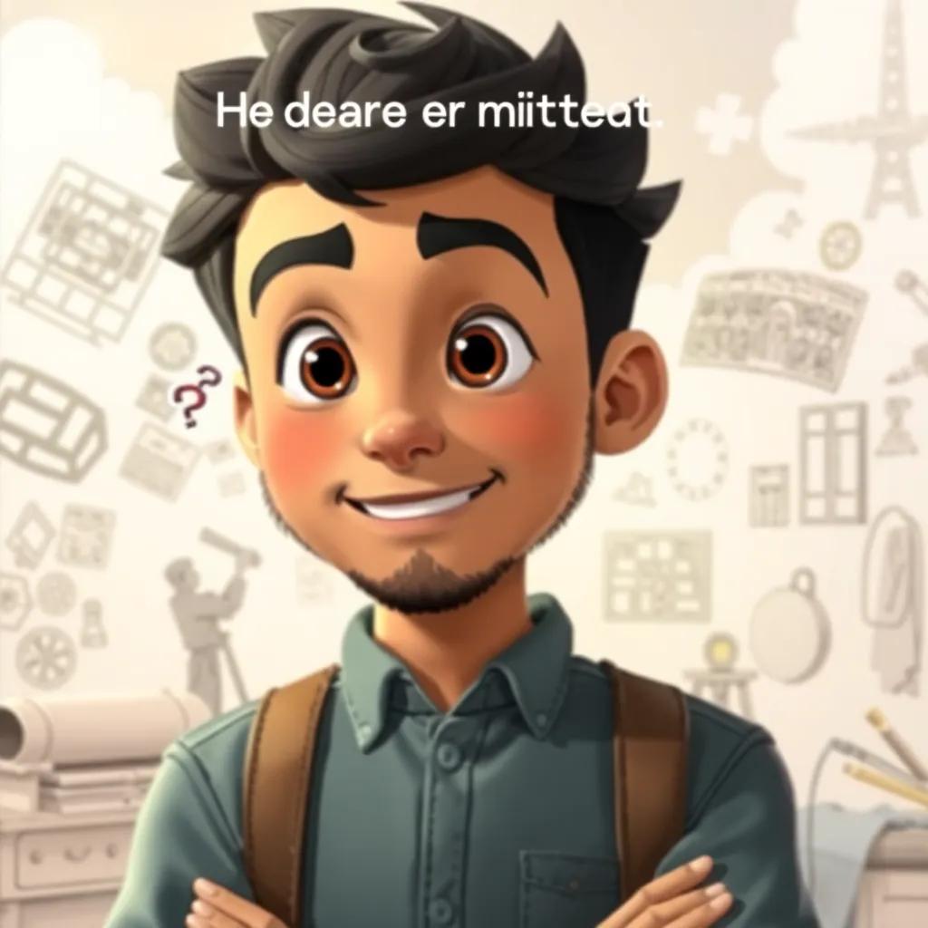 A determined Hamad talking to himself about becoming an architect, with a hopeful expression on his face, amidst sketches and design materials, dreamy background, inspiring atmosphere, bright colors, high quality