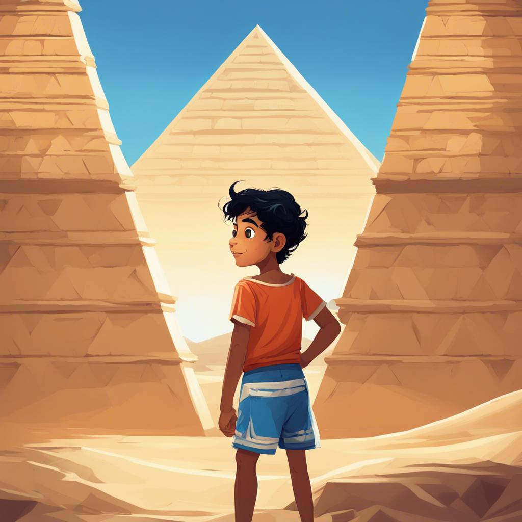 Ali, a young Arab boy with short black hair in a t-shirt and shorts, marveling at the pyramids of Egypt, with a desert background and a bright blue sky, illustration, historical and adventurous, child-friendly