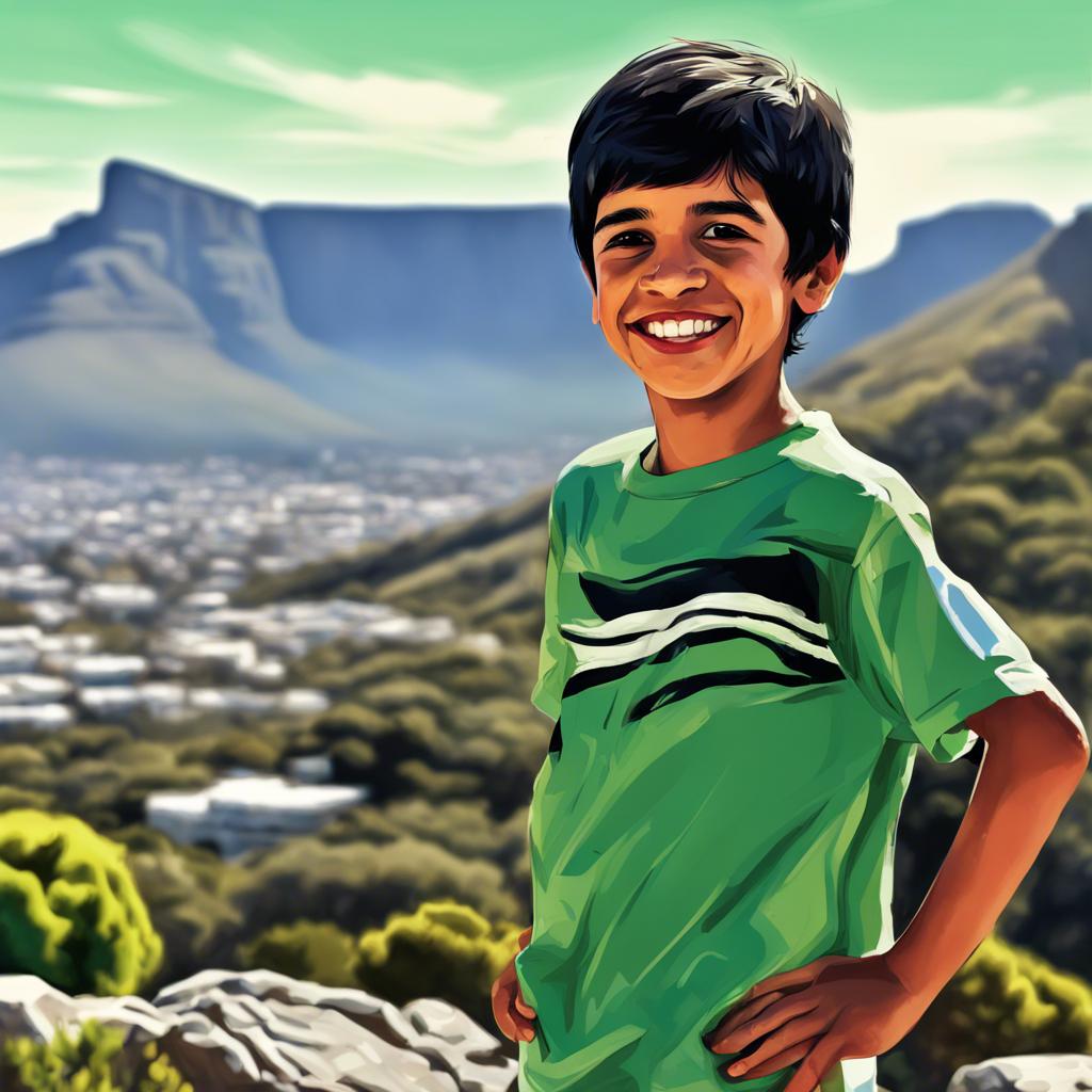 A young Arab boy, Ali, with short black hair, standing in front of Table Mountain in Cape Town, excited to climb it, green nature, sunny day, digital painting, uplifting view, high quality