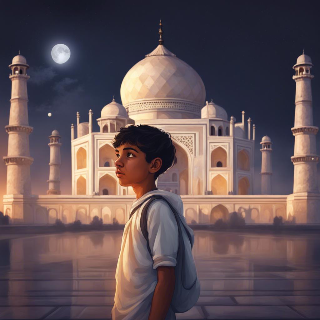 Ali, a young Arab boy with short black hair, in front of the Taj Mahal at night, with white marble glowing under the moonlight, peaceful scene, realistic, warm lights, illustration