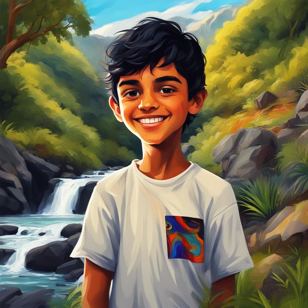 Ali, a young Arab boy with short black hair, enjoying the nature in New Zealand with beautiful landscapes and waterfalls, happy expression, bright colors, vibrant atmosphere, digital art