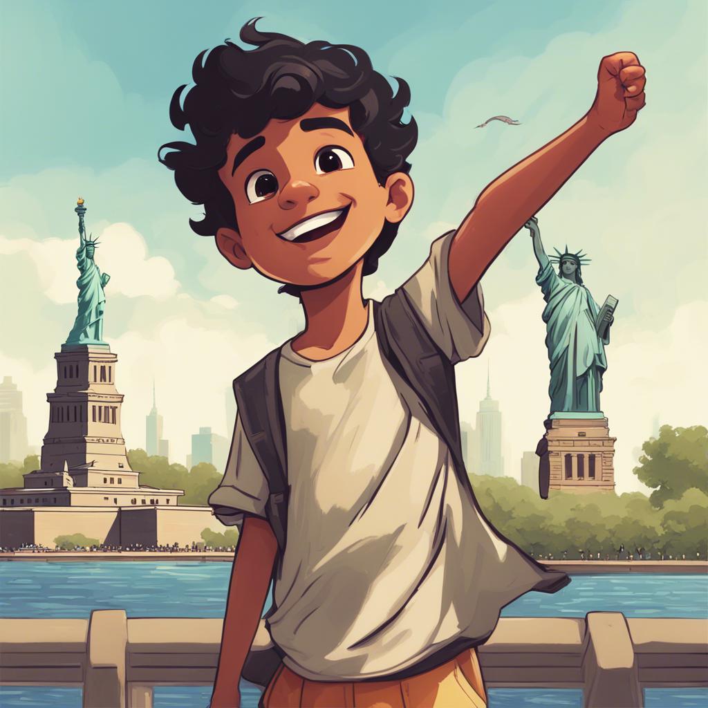 Ali, a young Arab boy with short black hair, standing in front of the Statue of Liberty in New York, celebrating joyfully, city background, summer day, illustration, lively