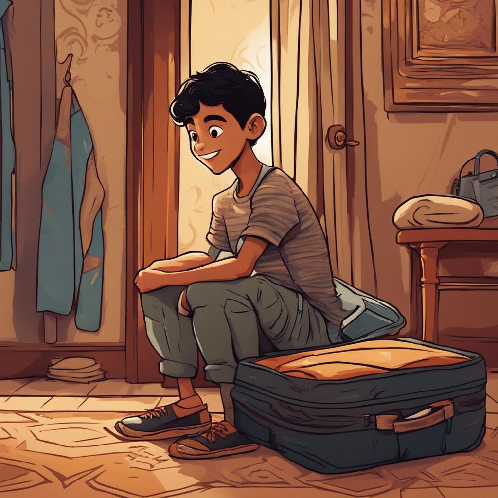 A young Arab boy, Ali, with short black hair, packing his bag after an amazing trip, smiling as he remembers his adventures around the world, cozy room, warm colors, personal moment, illustration