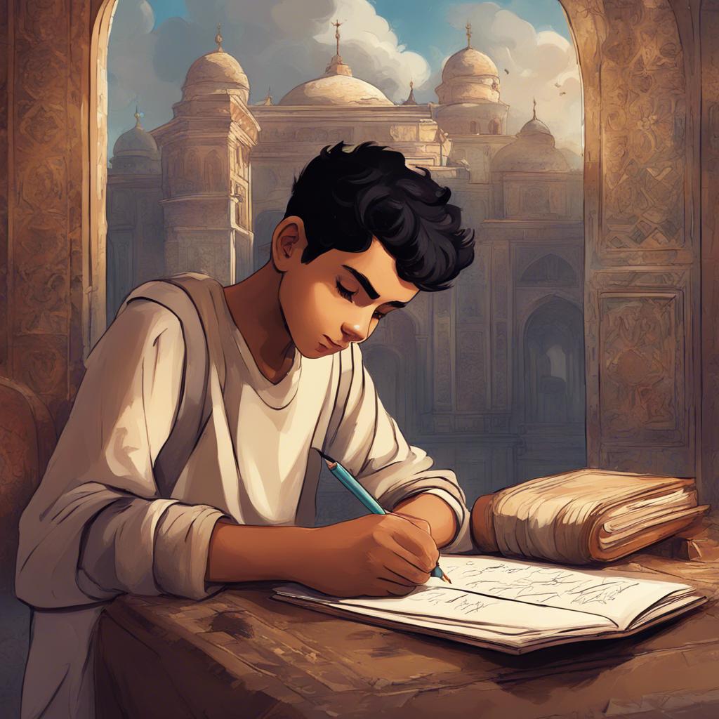 Ali, a young Arab boy with short black hair, writing in a travel diary at home, reflecting on his exciting journey exploring the world's landmarks, creative atmosphere, illustration