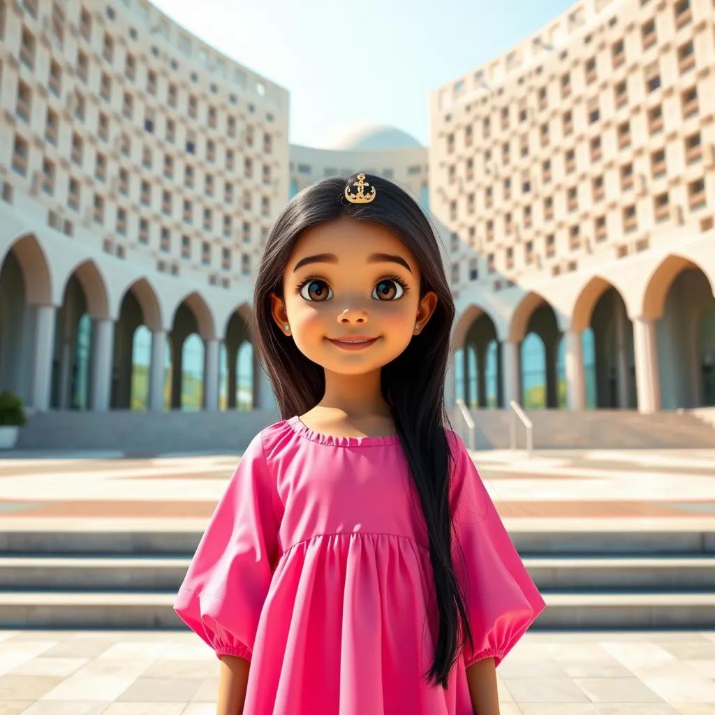 A young Arab girl, Sara, with long black hair wearing a bright pink dress, standing in front of the Museum of Islamic Art in Doha, modern architecture, sunny day, vibrant colors, joyful atmosphere, high quality