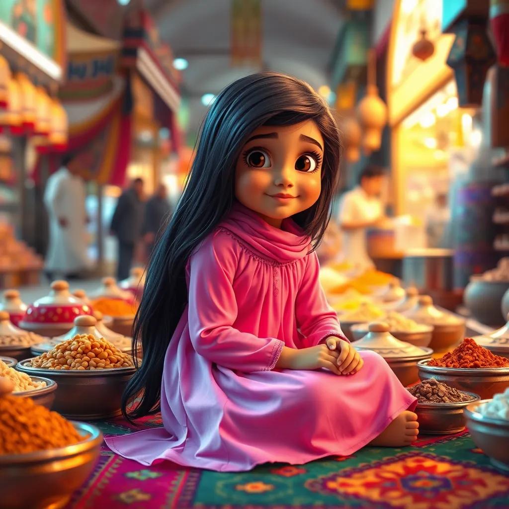 A young Arab girl, Sara, with long black hair wearing a bright pink dress, sitting on a colorful carpet at Souq Waqif in Doha, surrounded by sweets and spices, bustling market, warm light, lively colors, joyful setting, high quality