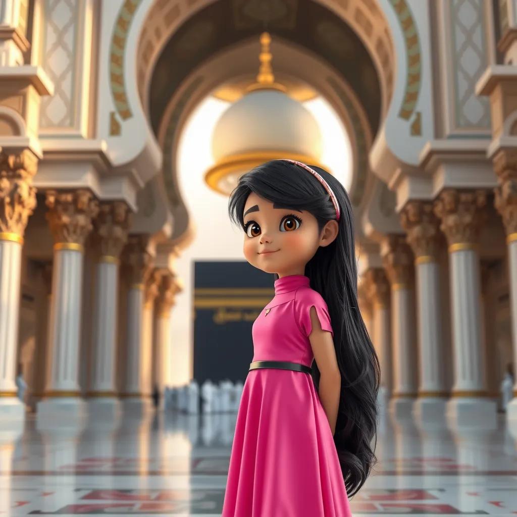 A young Arab girl, Sara, with long black hair wearing a bright pink dress, standing at the entrance of the Grand Mosque in Mecca, beautiful architecture, solemn atmosphere, soft light, respectful tone, high quality