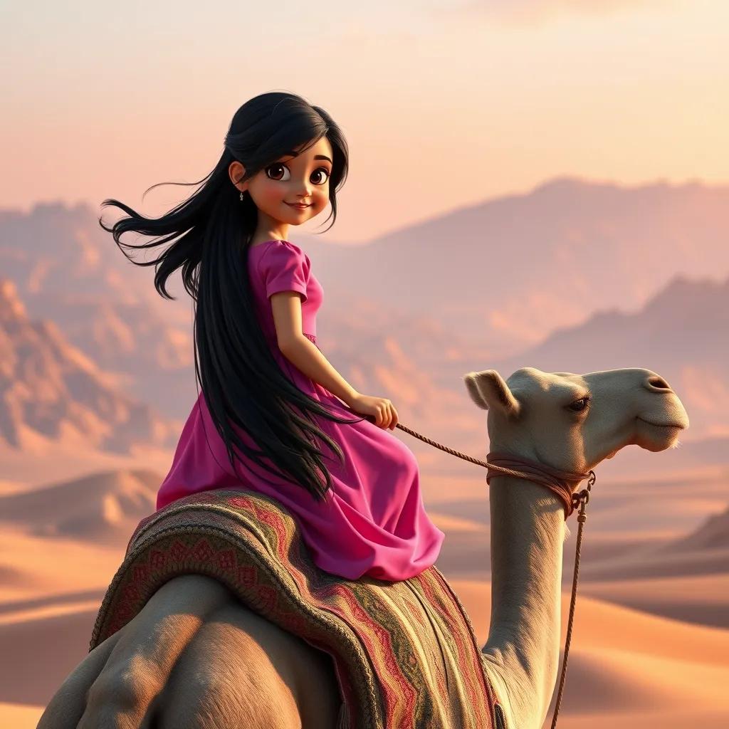 A young Arab girl, Sara, with long black hair wearing a bright pink dress, riding a camel in the desert mountains of Oman, stunning views, sunset colors, adventurous vibe, high quality