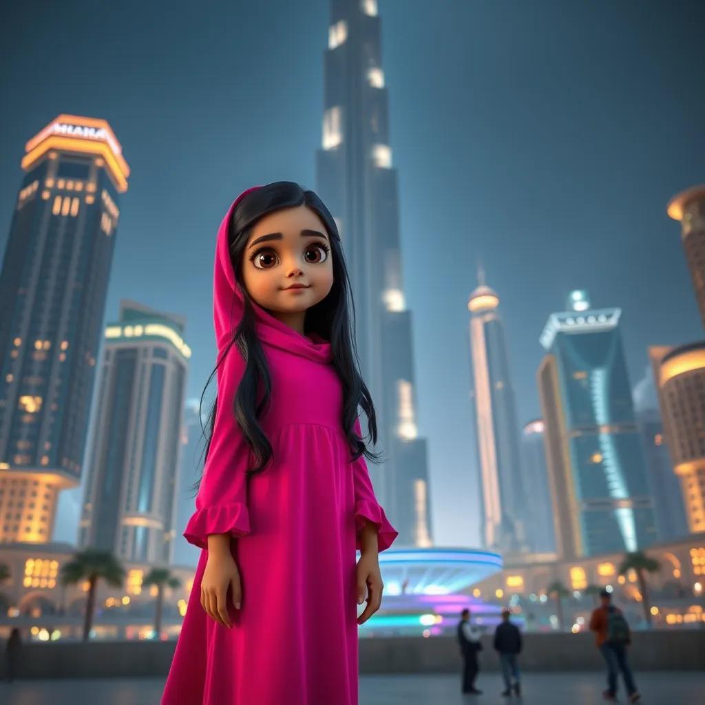 A young Arab girl, Sara, with long black hair wearing a bright pink dress, standing in front of the Burj Khalifa in Dubai, surrounded by skyscrapers, night lights, exciting atmosphere, high quality