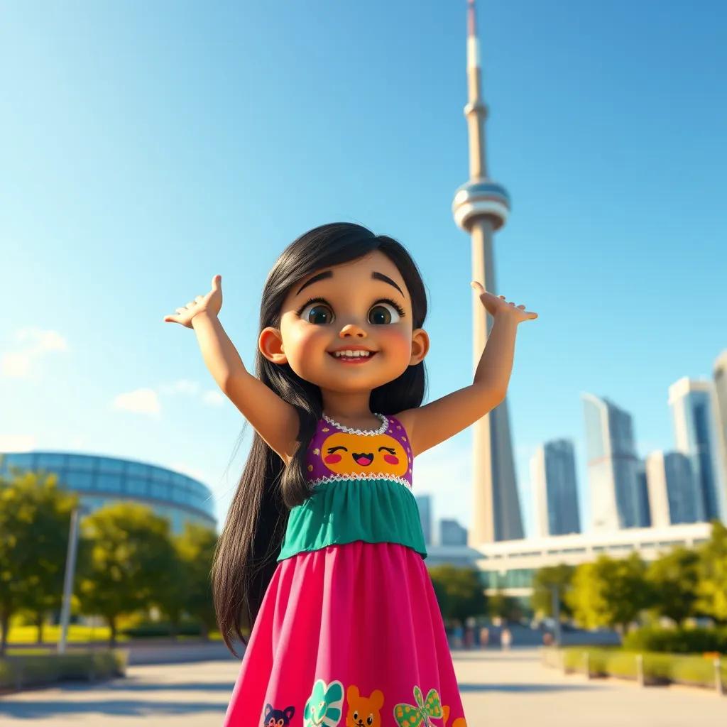 A young Arabic girl, Suad, with long black hair wearing a colorful dress, standing excitedly in front of the CN Tower in Toronto, bright sunny day, cheerful atmosphere, child-friendly, digital art, vibrant colors, high quality