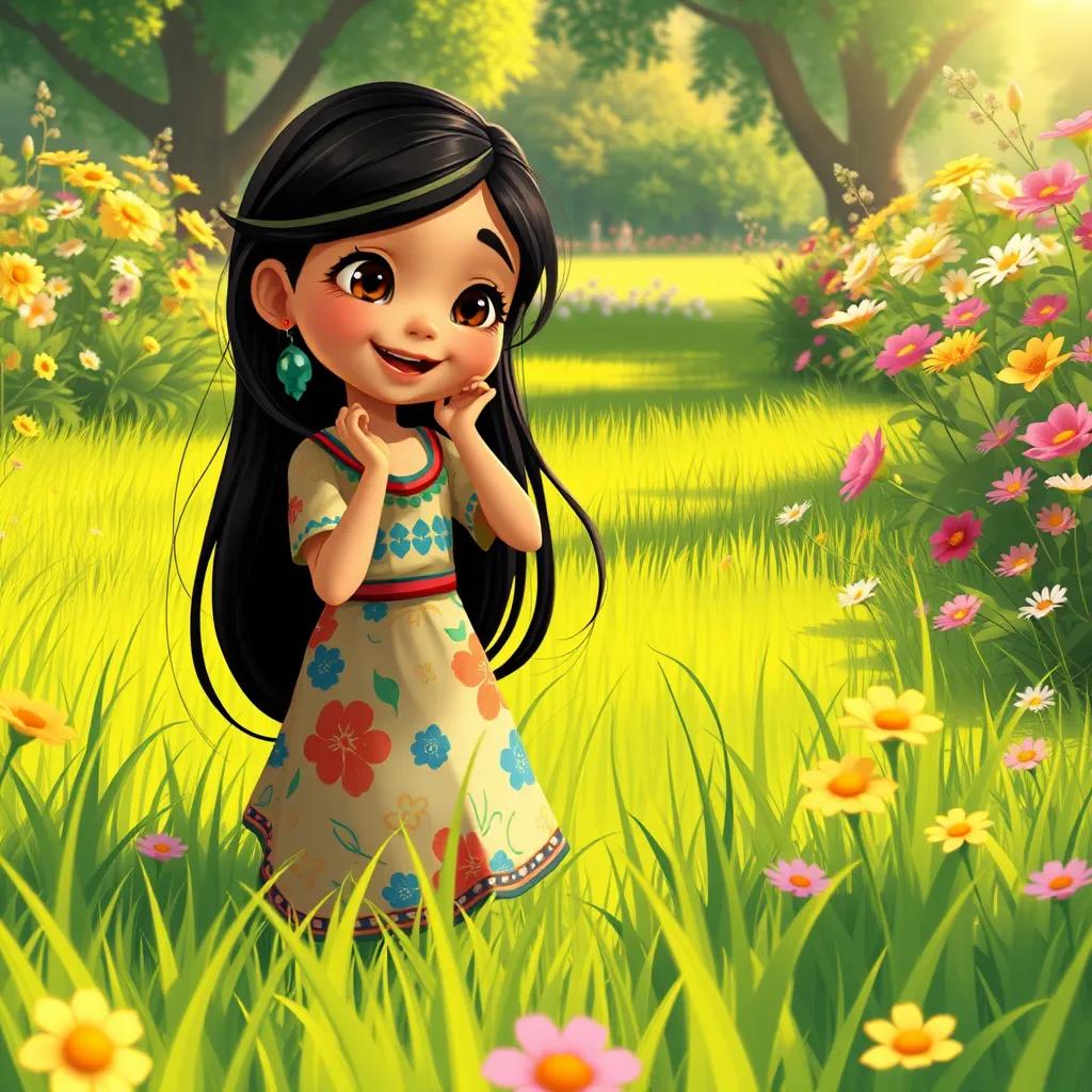 A young Arabic girl, Suad, with long black hair wearing a colorful dress, playing in the green grass of Kew Gardens surrounded by flowers, warm light, joyful scene, illustration, detailed, high quality