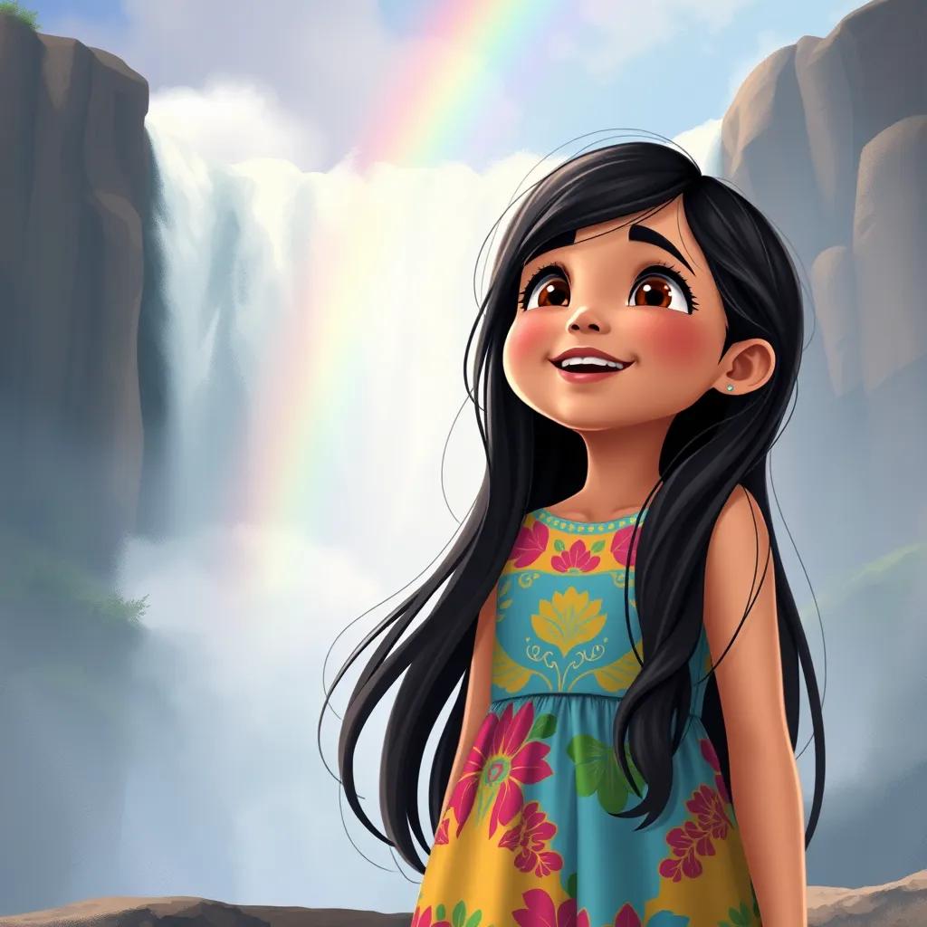 A young Arabic girl, Suad, with long black hair wearing a colorful dress, awestruck at the Niagara Falls with water splashing, a rainbow in the background, joyful moment, digital painting, natural colors, uplifting