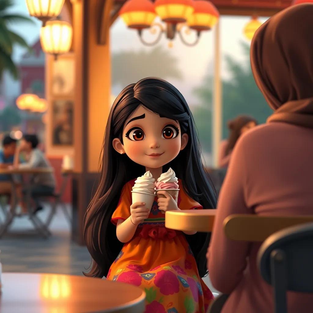 A young Arabic girl, Suad, with long black hair wearing a colorful dress, sitting at a café with her mother enjoying ice cream, evening lights, warm ambiance, heartwarming scene, digital art, vibrant colors, family-friendly