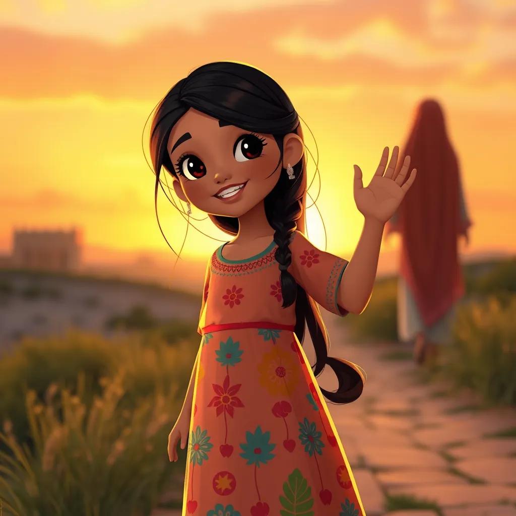 A young Arabic girl, Suad, with long black hair in a colorful dress, waving goodbye to her mother at sunset, sweet memories of the day, soft warm colors, nostalgic feeling, high quality
